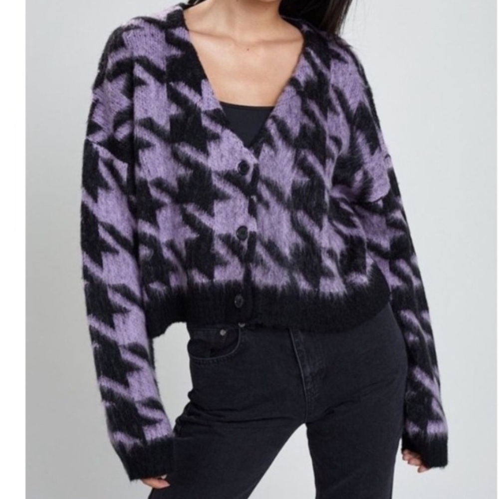 The Ragged Priest purple black houndstooth V neck button cardigan oversized S